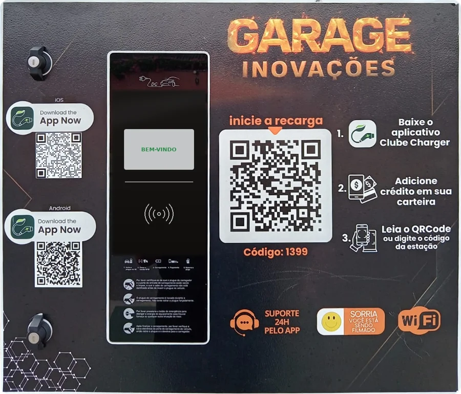 Painel do carregador com QR Code, código 1399 e passo a passo